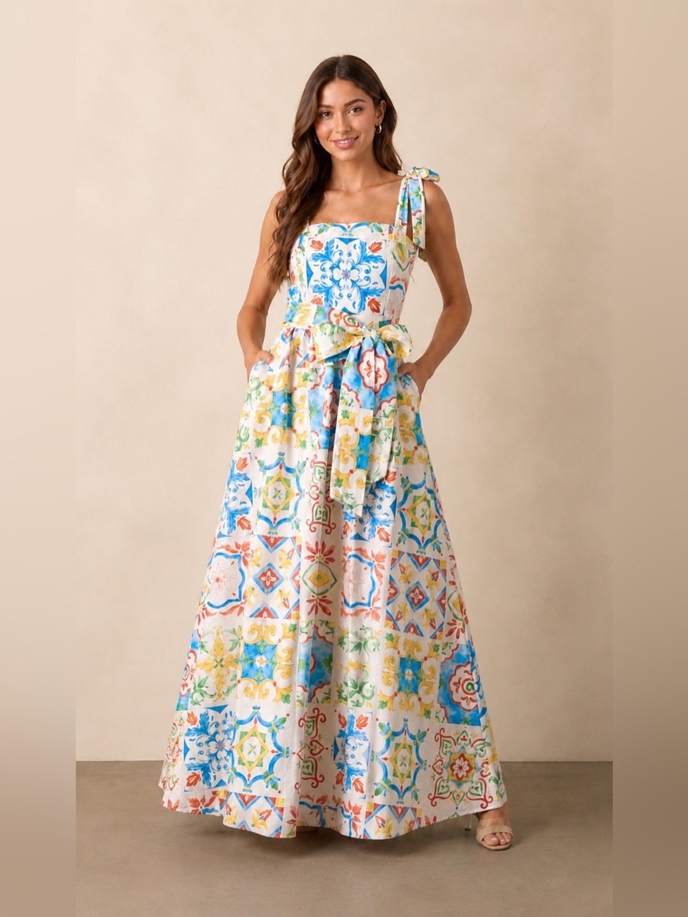 White Tile-Print Maxi Dress with Tie Shoulder and Waist Sash